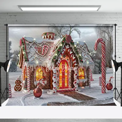 Aperturee Snowy Lighted Gingerbread House Christmas Backdrop | Christmas Backgrounds Fireplace | Christmas Scenic Backgrounds...