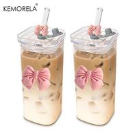 Bow Decor Glass Cup, 1/2 Counts Glass Cup with Straw & Lid, High Borosilicate Material Drinking Cup for Home Office, Glass Cu...