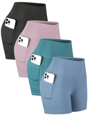 Women's Solid High Waist Pocket Sports Shorts, Sporty Comfy Breathable Skinny Tennis Shorts for Yoga Gym Workout Running, Gym...