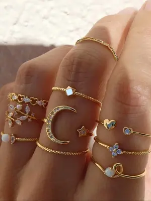 10pcs Rhinestone & Star & Moon Decor Ring, Elegant Rhinestone Decorated Star & Moon & Heart Design Ring, Fashion Accessories ...