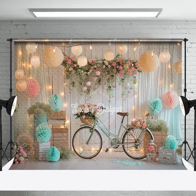 Retro Wall Spring Floral Bike Cake Smash Backdrop - Aperturee