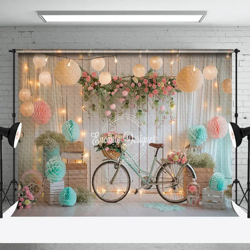 Retro Wall Spring Floral Bike Cake Smash Backdrop - Aperturee