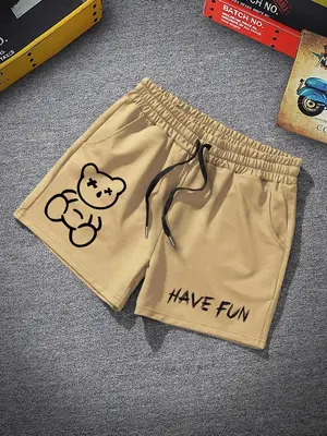 Men's Cartoon Bear & Letter Print Shorts, Summer Clothes, Drawstring Waist Track Shorts with Pockets for Outdoor Sports Runni...