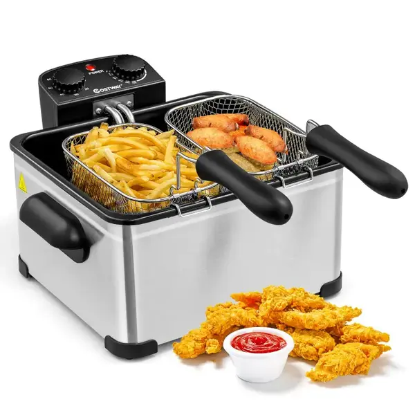 [Costway]- Deep Fryer with Basket, 3.2Qt/5.3Qt Stainless Steel Electric Oil Fryer w/Adjustable Temperature, Timer, Lid with V...