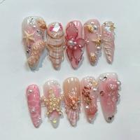Pink Summer Starfish 3D Press on Nails, Unique Ocean Nail Elegent Handmade Nail, Y2k Flower 3D Gel Luxury Nails, Nailbox Cust...
