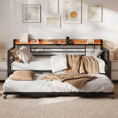 Garvee Twin Daybed with Trundle Bed, Storage Headboard with Charging Station and Additional Storage Bags, Sofa Day Bed with S...