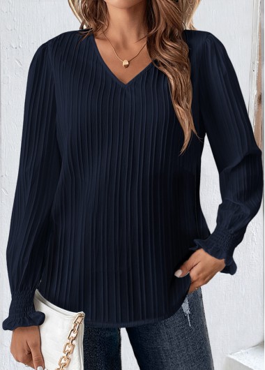 Modlily Navy Smocked Long Sleeve V Neck Blouse - XL
