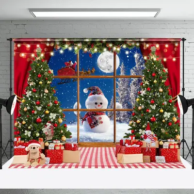 Aperturee Xmas Night Window Snowman Christmas Tree Backdrop - Aperturee