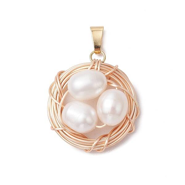 Natural Cultured Freshwater Pearl Copper Wire Wrapped Bird Egg Nest Pendants