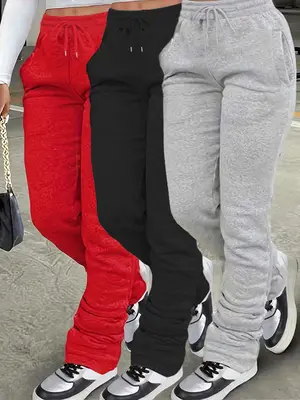 Women's Plain Pocket Drawstring Sweatpants, Casual Comfy Elastic Waist Jogger Pants for Daily Wear, Drawstring Stackable Pant...