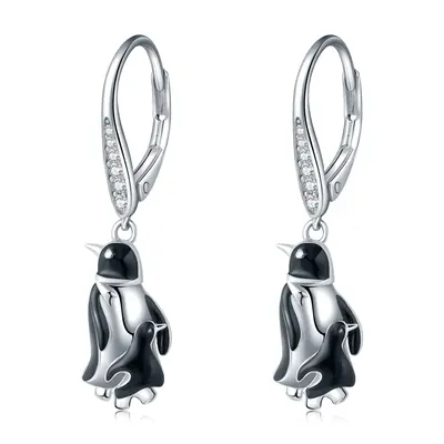 Sterling Silver Circular Shaped Cubic Zirconia Penguin Lever-back Earrings