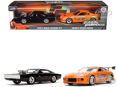 Doms Dodge Charger R/T Black and Brians Toyota Supra Orange Set of 2 pieces \