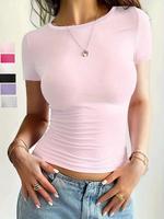 Women's Solid Round Neck Crop Tee, Casual Short Sleeve Crew Neck T-Shirt for Summer, Fashion Women's Top for Daily Wear