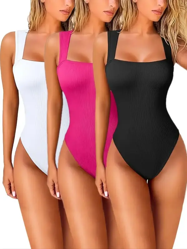 Women's Solid Color Open Crotch Design Ribbed Sports Bodysuit, Casual Sporty Square Neck Sleeveless Tummy Control Bodysuit fo...
