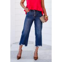 Judy Blue High Rise Medium Wash Button Fly Distressed Hem Cropped Wide Leg Jeans