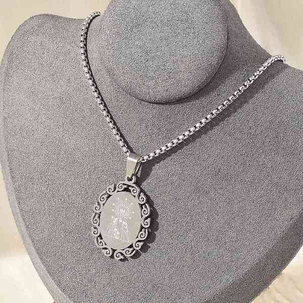 304 Stainless Steel Oval with Virgin Pendant Box Chain Necklaces