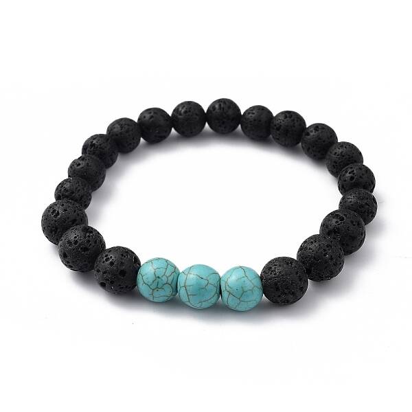 Synthetic Turquoise(Dyed)(Dyed) & Natural Lava Rock Beaded Stretch Bracelets