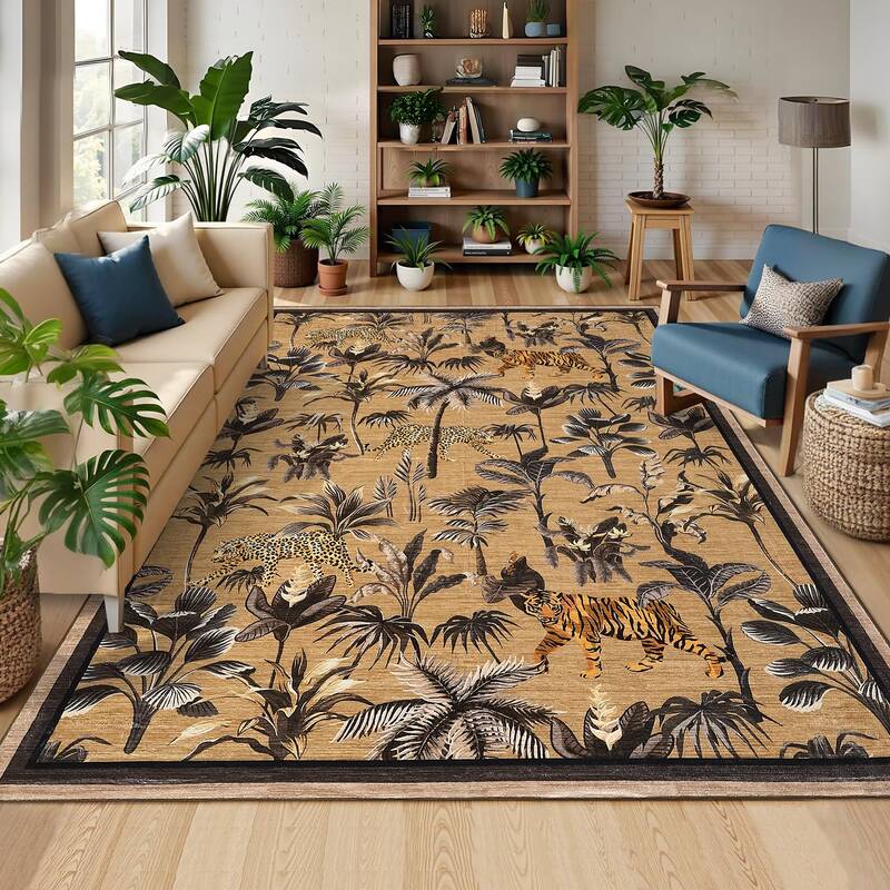 Garvee Brown Tiger 5x7 Area Rug Washable Non-Slip Low Pile Polyester Stain-Resistant Foldable for Living Room Bedroom Office