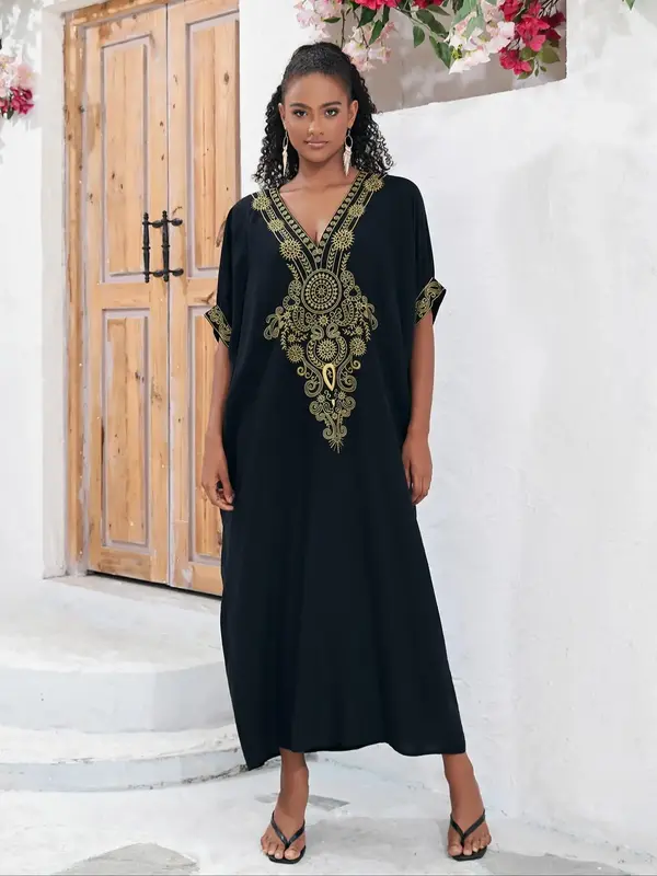 Arabic Clothing-Ethnic Pattern Batwing Sleeve Dress, Embroidered Half Sleeve Summer Dress, Embroidered Summer Robe Black Eleg...