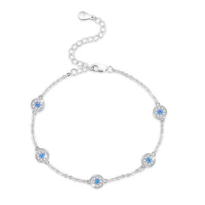 Sterling Silver Circular Shaped Cubic Zirconia Evil Eye Bead Station Chain Bracelet