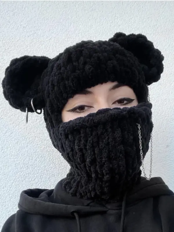 Women's Street Style Braided Design Bear Ear Decor Winter Hat, Casual Fitted Hat, Trendy Knitted Balaclava Hat for Fall & Win...