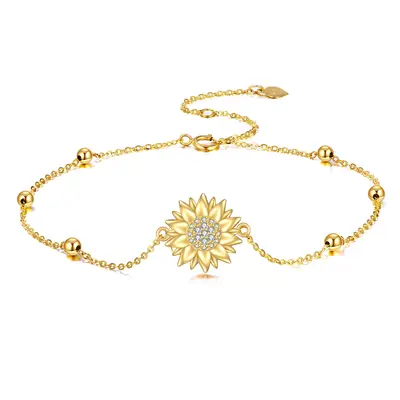 14K Gold Cubic Zirconia Sunflower & Bead Charm Bracelet