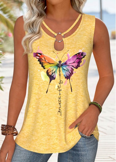 Modlily Yellow Circular Ring Butterfly Print Sleeveless Tank Top - M