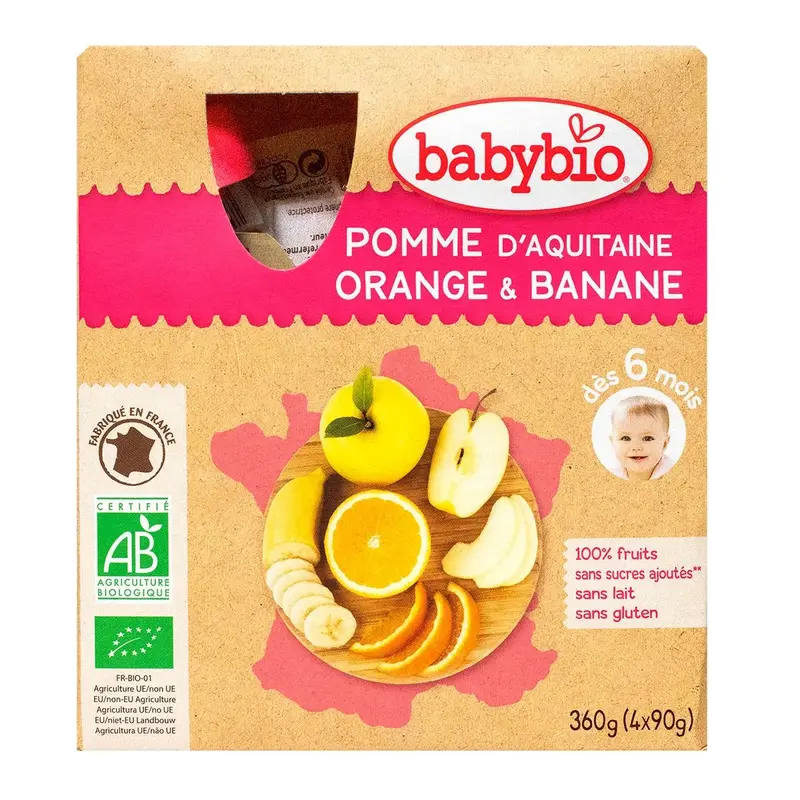 Babybio Fruit Bottles - 6 months and more - Apple, Orange, Banana - ORGANIC 4x90 g