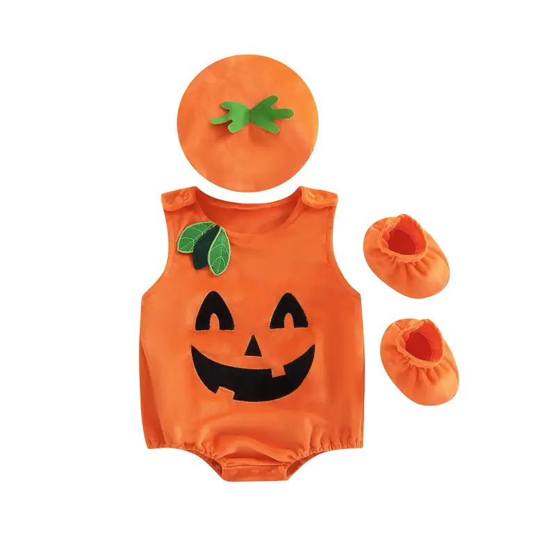 Newborn Baby Girl Boy Halloween Costumes Sleeveless Pumpkin Romper Tank Top Hat Socks 3Pcs Halloween Outfit