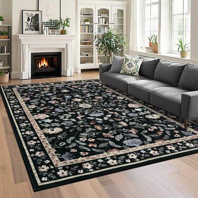 Garvee Floral 10x13 Black Large Washable Area Rug for Living Room, Non-Slip Non-Shedding Soft Vintage Rug, Low Pile Farmhouse...