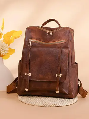 Vintage Casual Plain Pu Leather Backpack, Large Capacity Zipper Backpack, Casual Versatile High-quality Daily Commuting Bag,...