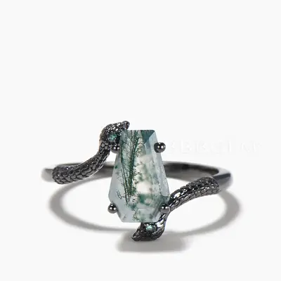 Coffin Cut Natural Moss Agate Engagement Ring Double Snake Three Stone Ring