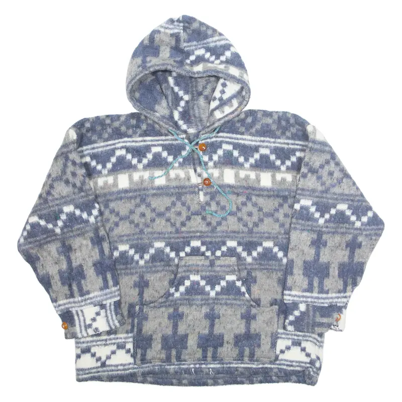 Mens Pullover Jacket Blue Hooded Crazy Pattern L