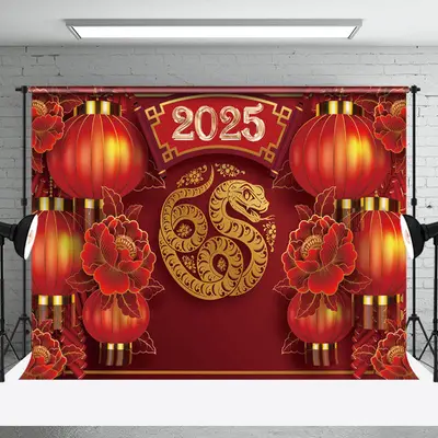 Aperturee Red Lantern Floral Gold Snake 2025 New Year Backdrop - Aperturee