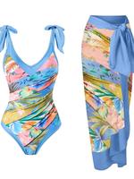 Women's Plants Print One-piece Swimsuit with Removable Chest Pad & Cover Up Skirt Set, Casual Fashion Swimwear Set for Beach ...
