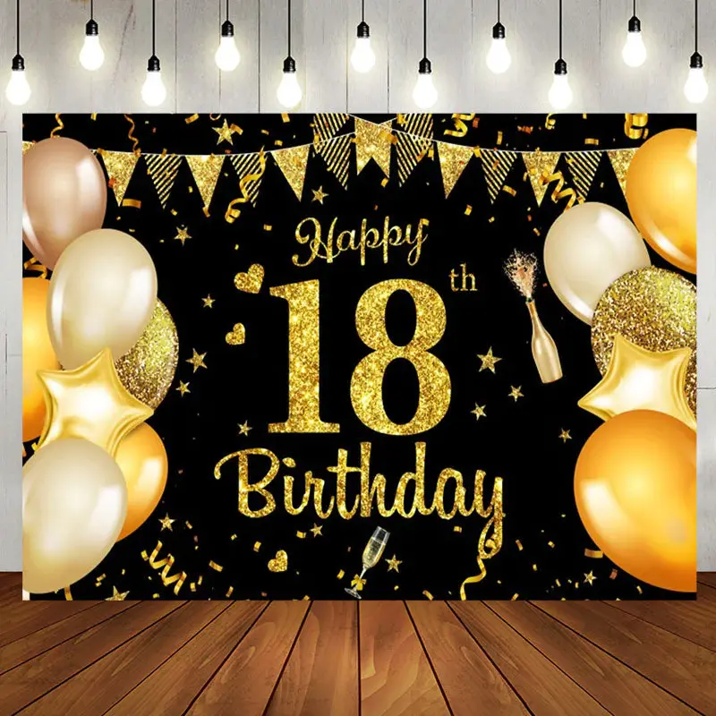 Golden Balloon Flag Sparkles 18th Birthday Backdrop - Aperturee