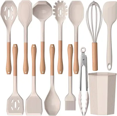 LIMITLESS 13-Pcs Silicone Kitchen Utensil Set – Heat-Resistant Cooking Tools with Wooden Handles, Spatula, Spoon, Turner & ...