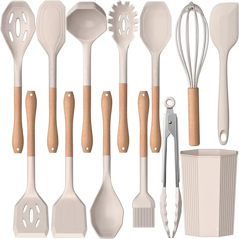 LIMITLESS 13-Pcs Silicone Kitchen Utensil Set – Heat-Resistant Cooking Tools with Wooden Handles, Spatula, Spoon, Turner & ...