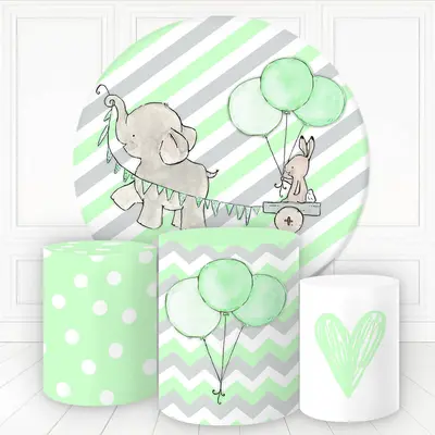 Aperturee Elephant Rabbit Green Balloon Round Birthday Backdrop Kit | Round Backdrop Fabric Cover | Circle Background For Par...