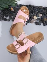 Women's Fashionable Plain Color Buckle Decorated Slides, Casual Comfortable Flat Sandals for Summer, Lightweight Breathable S...