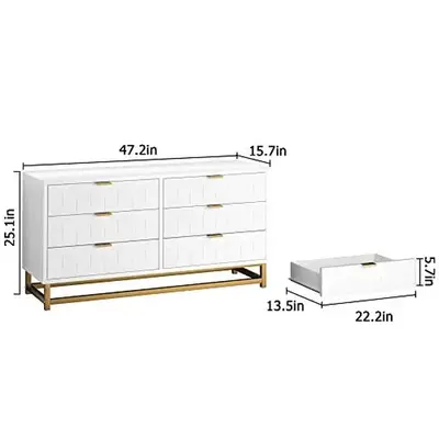 ćGarveećGARVEE White 6 Drawer Dresser for Bedroom, Wood Chest of Drawers with Metal Legs, Modern Storage Dresser Chest C...