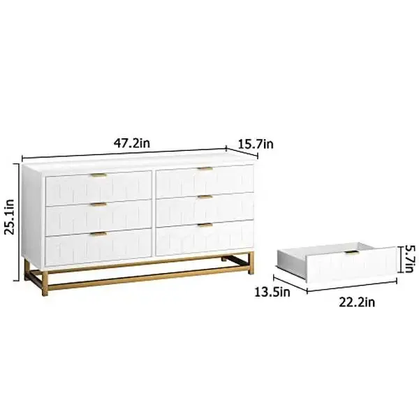 【Garvee】GARVEE  White 6 Drawer Dresser for Bedroom, Wood Chest of Drawers with Metal Legs, Modern Storage Dresser Chest C...