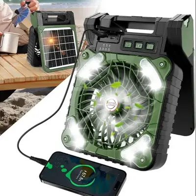 Portable Solar Powered Fan, Outdoor Camping Fishing Fan, USB Rechargeable Fan with LED Light, Cooling Fan, Portable Fan for D...