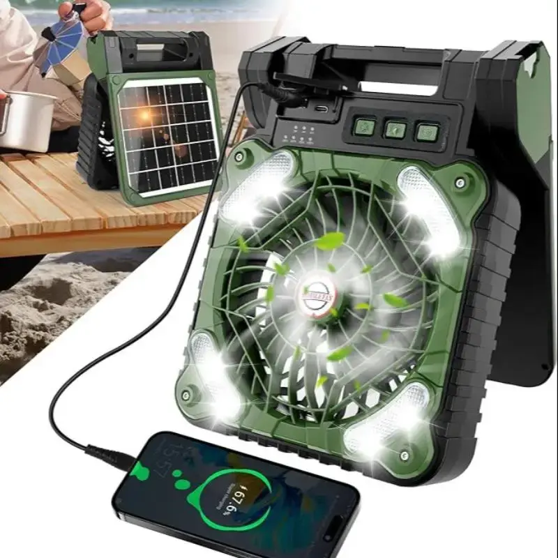 Portable Solar Powered Fan, Outdoor Camping Fishing Fan, USB Rechargeable Fan with LED Light, Cooling Fan, Portable Fan for D...