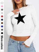 Women's Star Print Round Neck Tee, Casual Long Sleeve Crew Neck T-shirt for Spring & Fall, Women's Top for Daily Wear