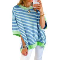 Mntaor Womens Oversized Striped Color Block Tees Half Sleeves Contrast Trim Exposed Seam High Low Drop Shoulder Casual  Pullo...