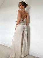 Women's Solid Backless Top & Wide Leg Pants Two-Piece Set, Casual Fashion Top & Trousers for Daily Outdoor Wear, Ladies Cloth...