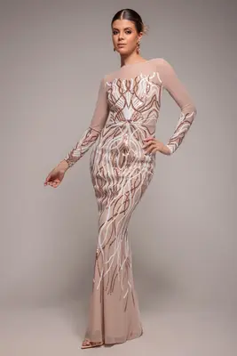 Goddiva Long Sleeve Sequin Flame Maxi - Champagne