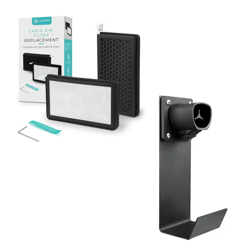 Lectron Tesla Model 3/Y Accessories Kit - NACS EV Charger Nozzle Holster Dock & J-Hook + Cabin Air Filter Replacement