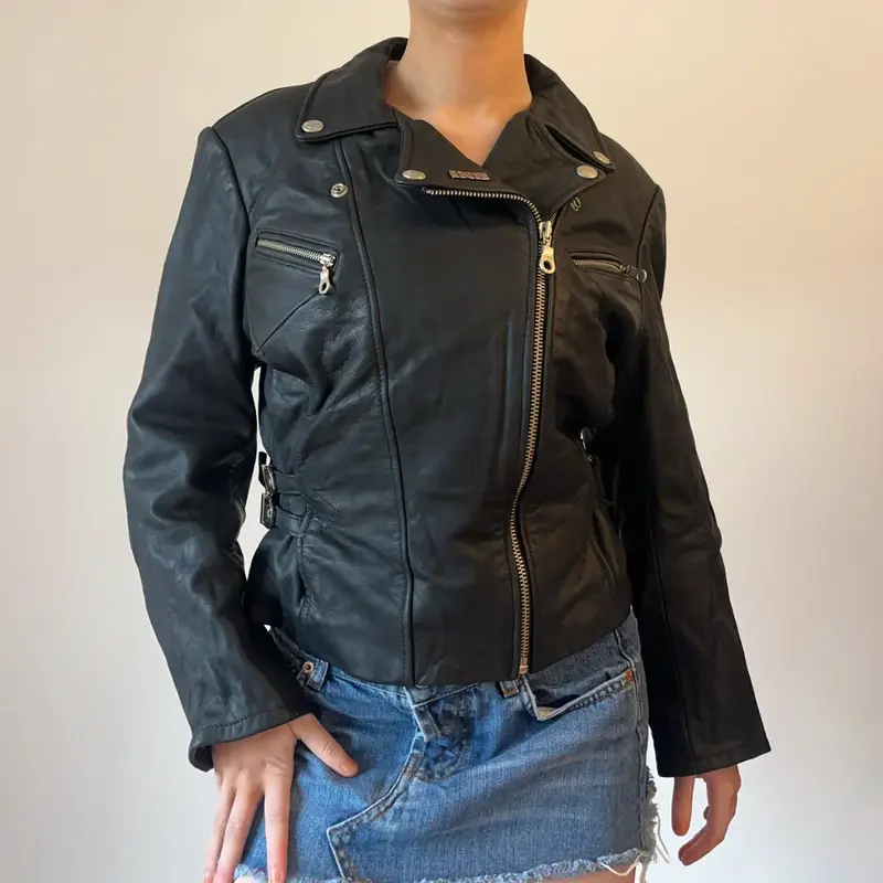 Ladies Moto Fashion Leather Jacket - Small Black Leather